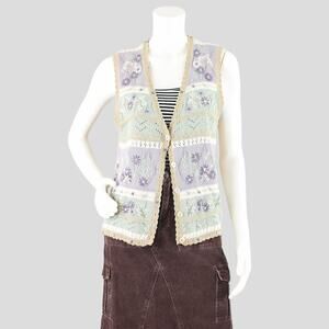 Vintage Embroidered Floral Pastel Sweater Vest, Women's Petite Medium